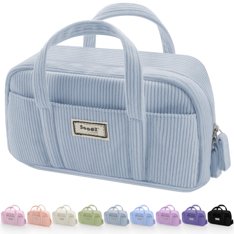 Sooez Large Pencil Case Pouch, Extra Big Pencil Bag with 5 Compartments, Pen Bag Wide Opening, Soft Corduroy Pencil Pouch Organizer with Zipper, Cute Aesthetic School Supplies for Teen Girls-Blue - Image 1