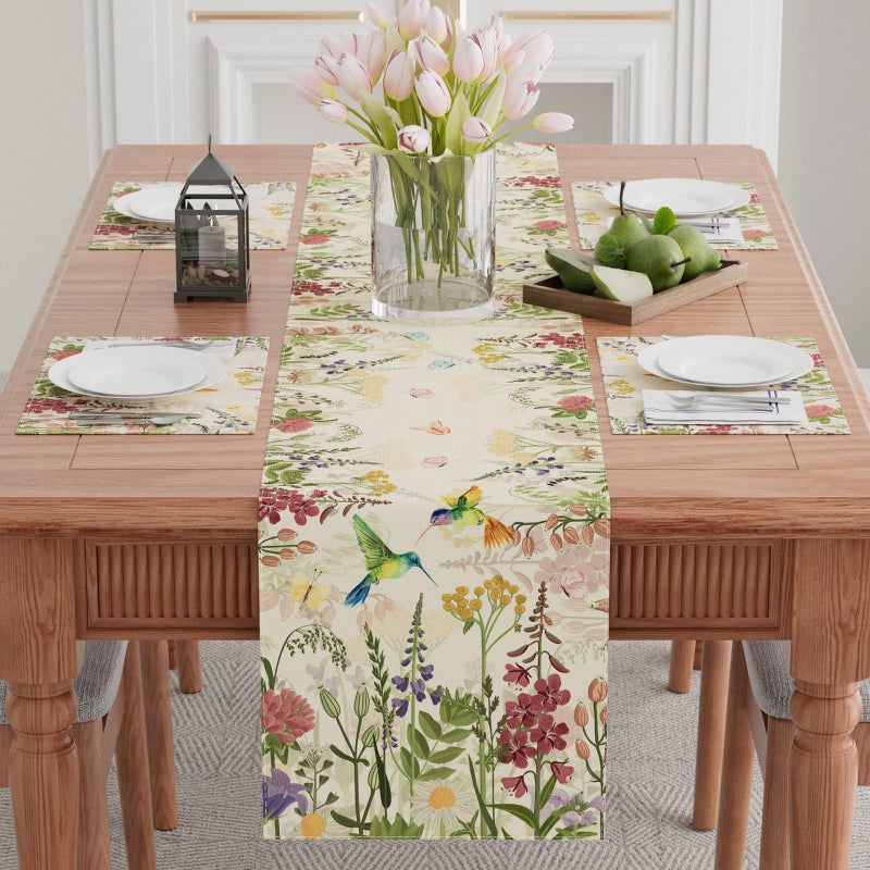XCHI Wildflowers Grass Hummingbirds Spring Table Runner Summer Table Decoration for Party Home Kitchen Dining Holiday Decor 13x72 Inch - Image 2