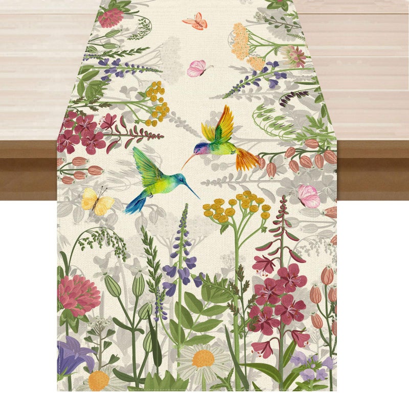 XCHI Wildflowers Grass Hummingbirds Spring Table Runner Summer Table Decoration for Party Home Kitchen Dining Holiday Decor 13x72 Inch - Image 1