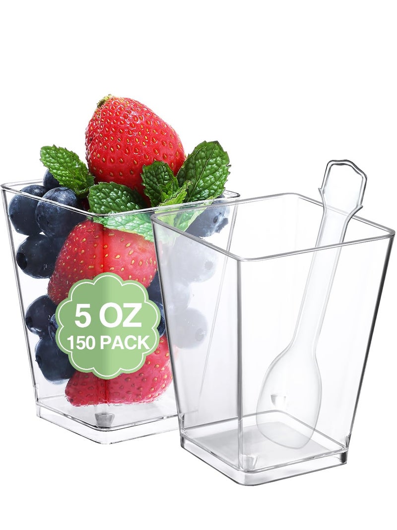 SHOPDAY 5 Oz-Plastic-Dessert-Cups: 150 Pack Square-Clear-Cups-with-Spoons  Parfait-Cups Appetizer-Cups Small-Plastic-Cups Mini Shooter-Cups for Party Yogurt Mousse - Image 1