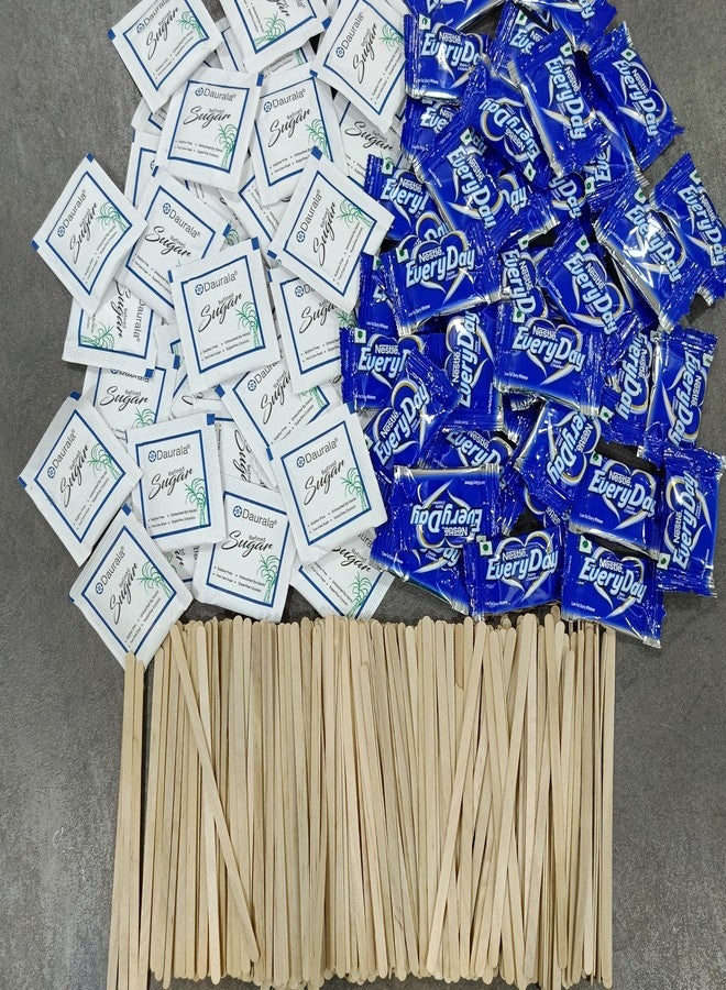 SFU E Com Daurala Refined Sugar Sachets Combo With Everyday Dairy Creamer Sachets | Coffee Stir Sticks Wood Stirrers Combo | Stirrer Stick (100pcs), Daurala Sugar (100pcs), Creamer (100pcs) - Image 1