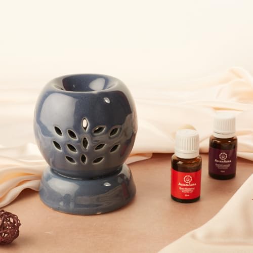 Asian Aura Ceramic Electric Round Shaped Aroma Diffuser| Aroma Oil Burner for Aromatherapy| Home Decor & Fragrance with Aroma Oils(English Lavender & Rosy Romance Fragrance 10ml Each) (Dark Grey) - Image 1