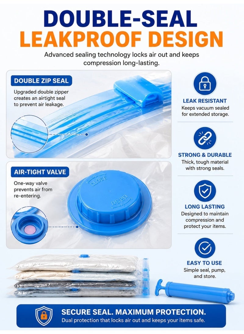 Eworld Pack of 2 Vacuum Storage Bags Set with Hand Pump, Reusable Space Saver Compression Bags, Airtight Double Zip Seal & Leak-Proof Valve for Clothes, Blankets, Comforters, Pillows, Bedding, Seasonal Storage, Moving & Travel 4 (50 × 70 cm), 4 (60 × 80 cm), 2 (80 × 100 cm) and 2 Hand Pump - Image 4