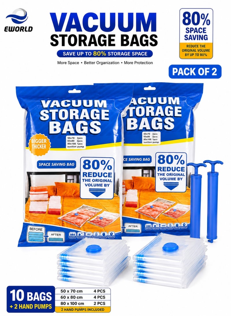 Eworld Pack of 2 Vacuum Storage Bags Set with Hand Pump, Reusable Space Saver Compression Bags, Airtight Double Zip Seal & Leak-Proof Valve for Clothes, Blankets, Comforters, Pillows, Bedding, Seasonal Storage, Moving & Travel 4 (50 × 70 cm), 4 (60 × 80 cm), 2 (80 × 100 cm) and 2 Hand Pump - Image 1