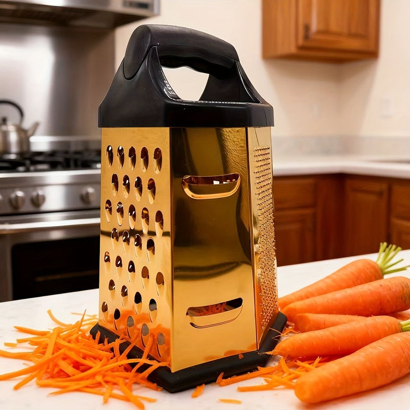 A Golden Stainless Steel Six Sided Slicer 8 Inch Kitchen Tool With Rubberized Grip Handle For Effortlessly Slicing Potatoes Carrots Vegetables - Image 1