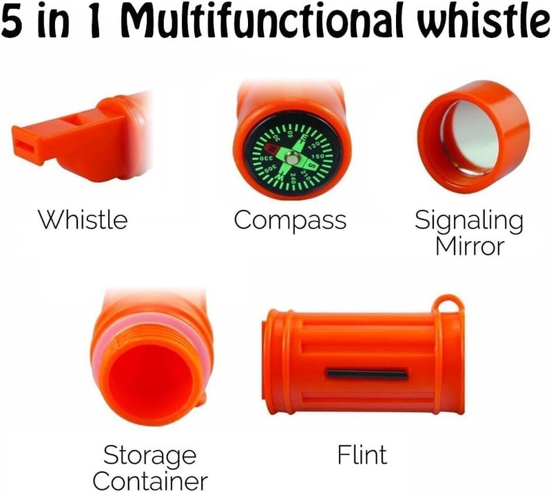 BISONBERG Emergency Survival Whistle Set - 5-in-1 Safety Kit with Compass, Flint, Waterproof Storage - Essential Outdoor Gear for Camping, Hiking, and Adventures (Orange) - Image 4