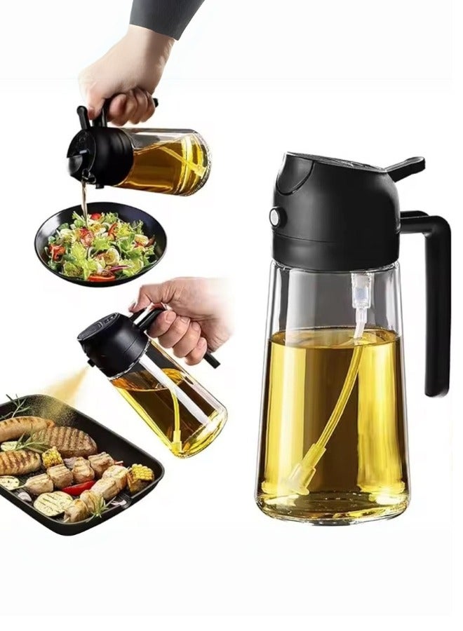 زجاجة موزع زيت - بخاخ زيت زجاجي سعة 470 مل، تصميم 2 في 1 للرش والصب مع رذاذ ناعم وفوهة تدفق متحكم بها - للطهي، القلي الهوائي، الشواء، السلطة، الخبز - قابلة لإعادة التعبئة ومقاومة للتسرب، زجاجة واحدة لكلا الغرضين، زجاجة زيت قابلة للرش والصب