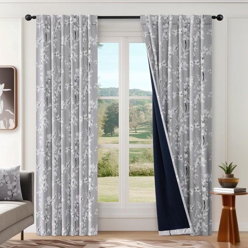 FMFUNCTEX 100% Blackout Floral Curtains for Bedroom, Grey Curtains 84 inch Length Blossom Flower Patterned for Living Room,Thermal Insulated Drapes Farmhouse, Rod Pocket 2 Panels (White on Grey) - Image 2