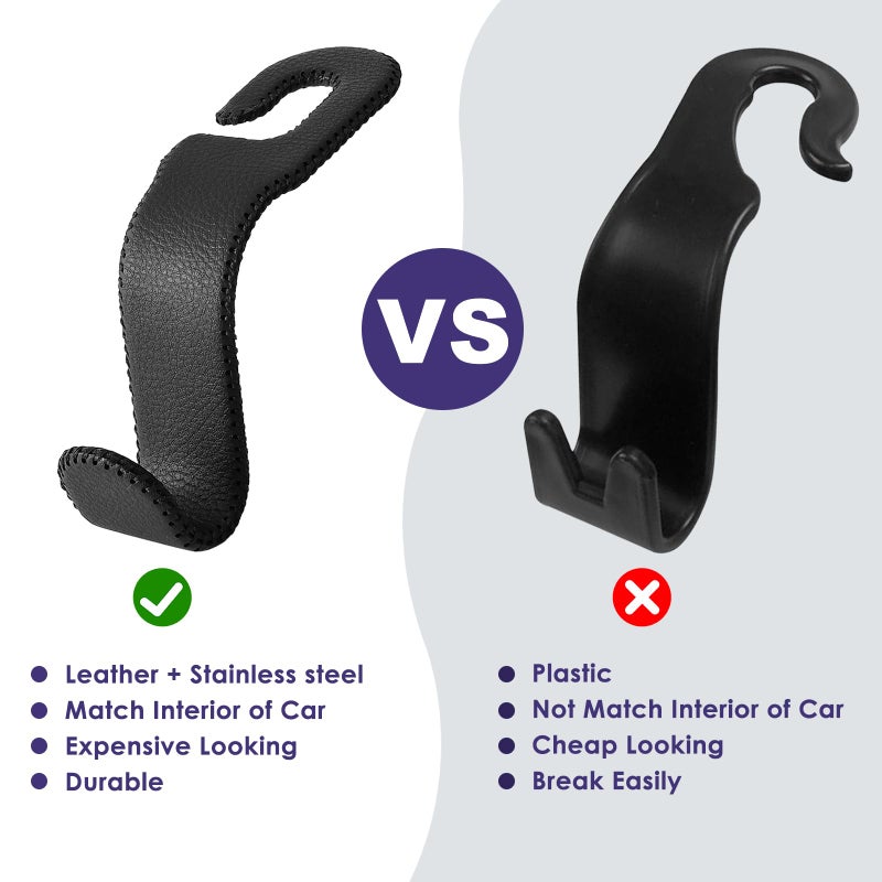 AMVOYOA Leather Car Seat Hooks - U-Shaped Purse Holder for Car, Fully Leather-Wrapped Headrest Hooks for Purses, Bags & Coats, Durable Seat Back Organizer for Travel & Daily Use (Black, 2 Pack) - Image 5