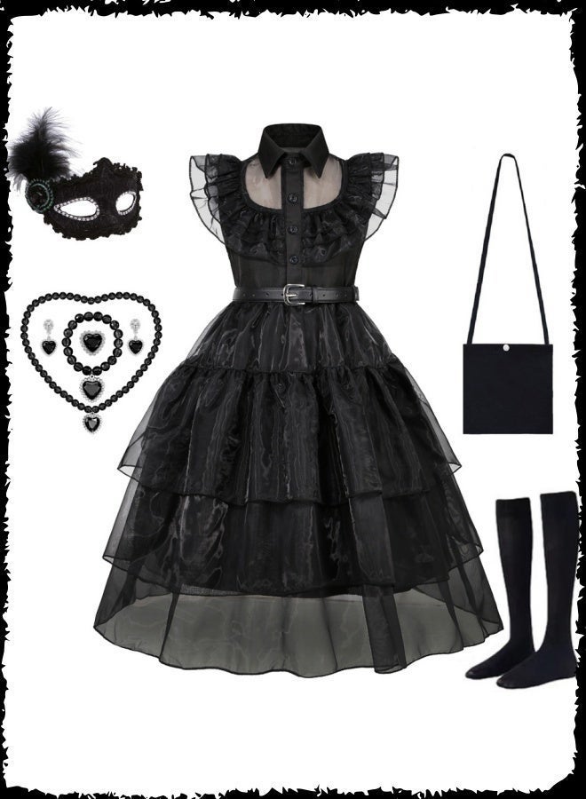 Girls Wednesday Addams Cosplay & Vampire Girl Costume - Black Gothic Tulle Dress with Accessories (Mask, Necklace, Bag) - Kids Halloween Role Play Outfit - Image 1