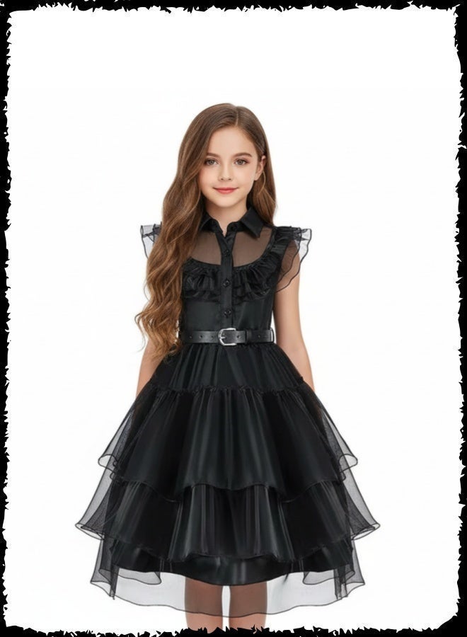 Girls Wednesday Addams Cosplay & Vampire Girl Costume - Black Gothic Tulle Dress with Accessories (Mask, Necklace, Bag) - Kids Halloween Role Play Outfit - Image 2