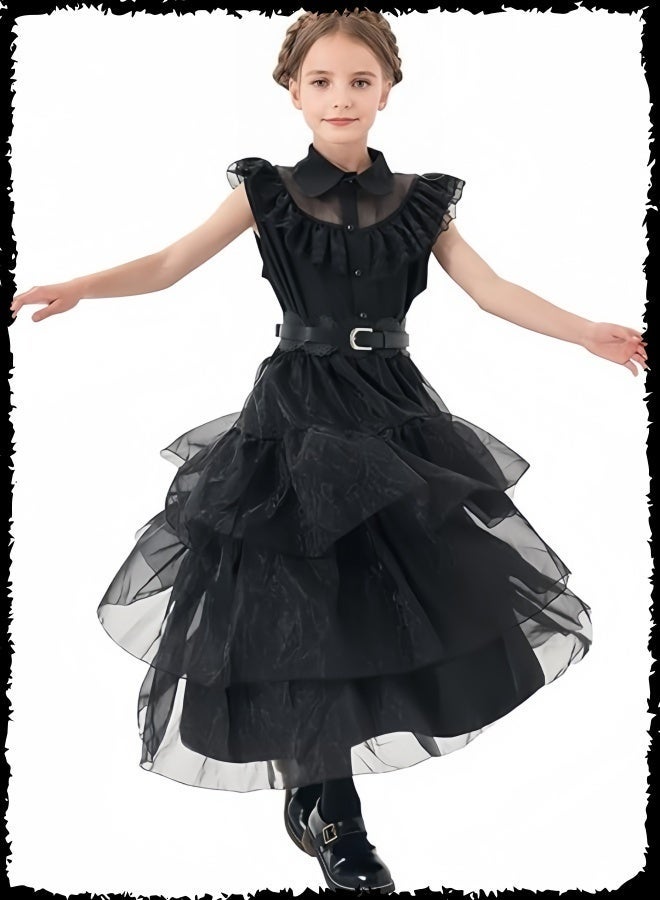 Girls Wednesday Addams Cosplay & Vampire Girl Costume - Black Gothic Tulle Dress with Accessories (Mask, Necklace, Bag) - Kids Halloween Role Play Outfit - Image 3