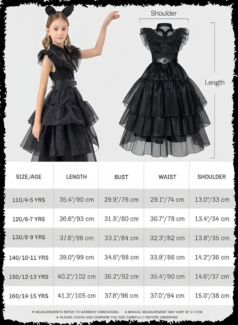 Girls Wednesday Addams Cosplay & Vampire Girl Costume - Black Gothic Tulle Dress with Accessories (Mask, Necklace, Bag) - Kids Halloween Role Play Outfit - Image 4