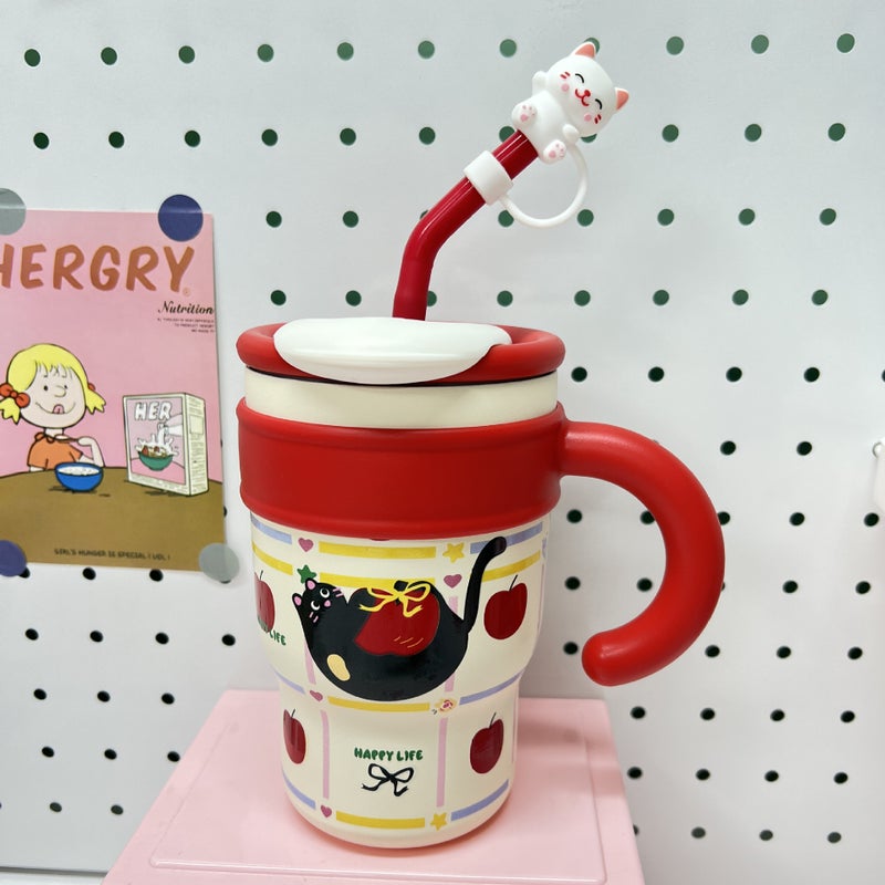 Cherry Maruko Jumbo Straw Insulated Mug High-Capacity Apple Cat [Free Dust Cap]