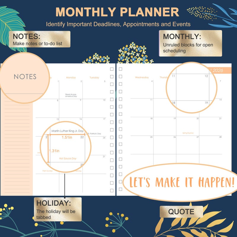 CAGIE 2026 Planner Weekly and Monthlyâ€‹, Jan-Dec 2026 8.3 x 9.3 Inch Hardcover Spiral Bound, 13 Tabs and Pocket, Floral Daily Plannerâ€‹ for Women, Perfect 2026 Yearly Calendar Plannerâ€‹ - Image 2
