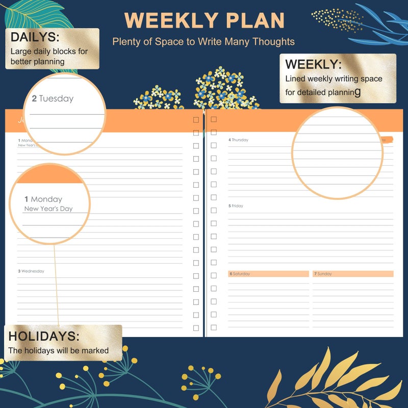 CAGIE 2026 Planner Weekly and Monthlyâ€‹, Jan-Dec 2026 8.3 x 9.3 Inch Hardcover Spiral Bound, 13 Tabs and Pocket, Floral Daily Plannerâ€‹ for Women, Perfect 2026 Yearly Calendar Plannerâ€‹ - Image 3