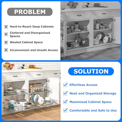 WelFurGeer 2-Tier Kitchen Cabinet Pullout Shelf and Drawer Organizer, Soft Close Pantry Pull Out Shelves, Heavy Duty Pull Out Cabinet Organizer with Shelf Liner for Kitchen Cabinets, Pantry Storage - Image 3