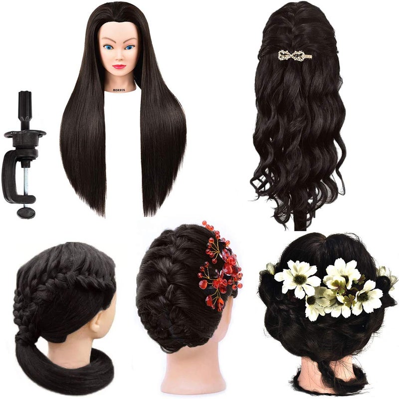 Morris 28Inch Mannequin Head With Synthetic Fiber Hair Styling Training Manikin Cosmetology Doll Head With Clamp Stand (Black) - Image 2