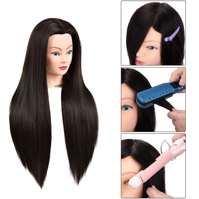 Morris 28Inch Mannequin Head With Synthetic Fiber Hair Styling Training Manikin Cosmetology Doll Head With Clamp Stand (Black) - Image 3