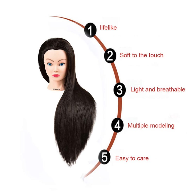 Morris 28Inch Mannequin Head With Synthetic Fiber Hair Styling Training Manikin Cosmetology Doll Head With Clamp Stand (Black) - Image 4