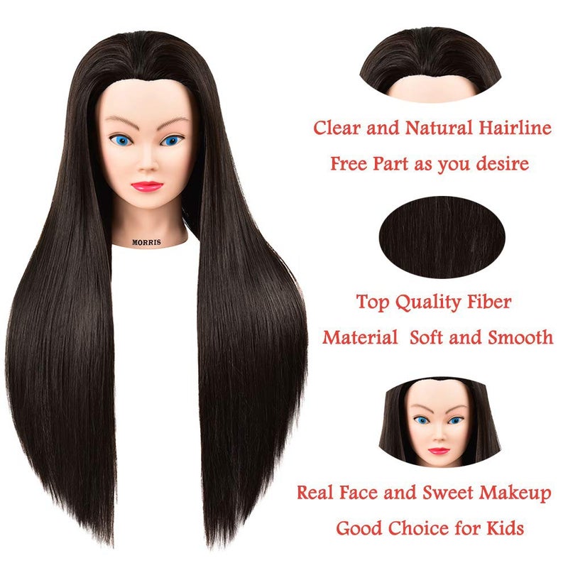Morris 28Inch Mannequin Head With Synthetic Fiber Hair Styling Training Manikin Cosmetology Doll Head With Clamp Stand (Black) - Image 5