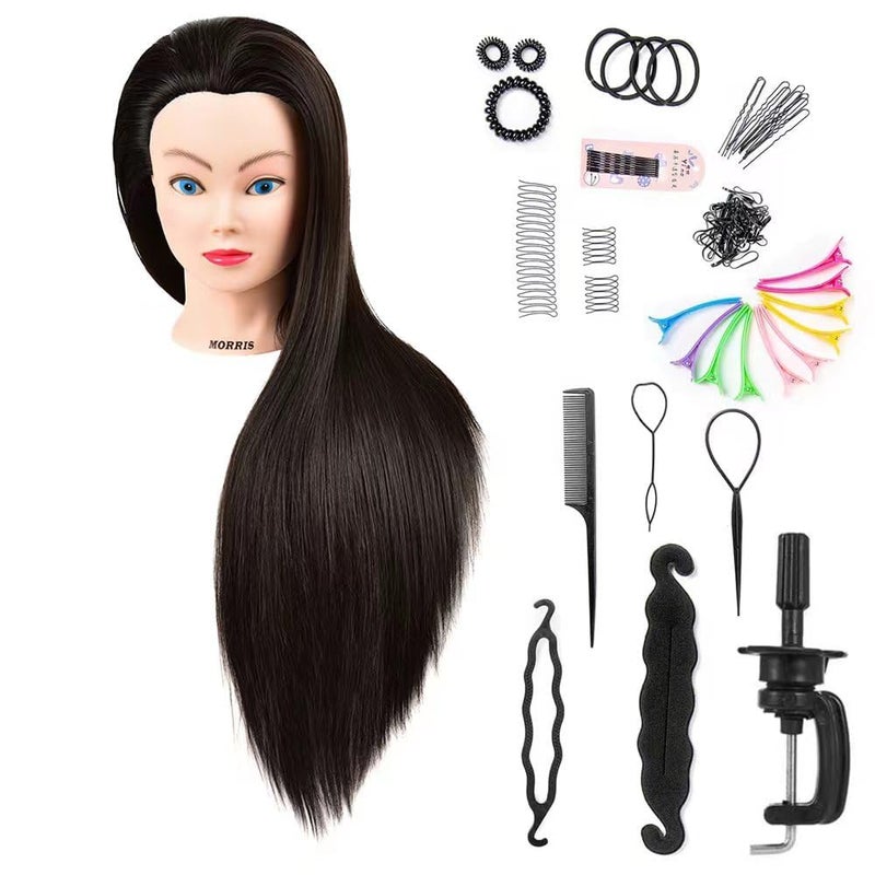 Morris 28Inch Mannequin Head With Synthetic Fiber Hair Styling Training Manikin Cosmetology Doll Head With Clamp Stand (Black) - Image 1