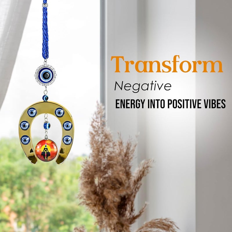 HindCraft Hindcraft Room Decor Horse Shoe Evil Eye with Seven Chakra Pendant Wall Hanging Good Luck Charm and Feng Shui Nazar Battu Pendant for Home Entrance Door Car and Office Decorative Gift Item - Image 2