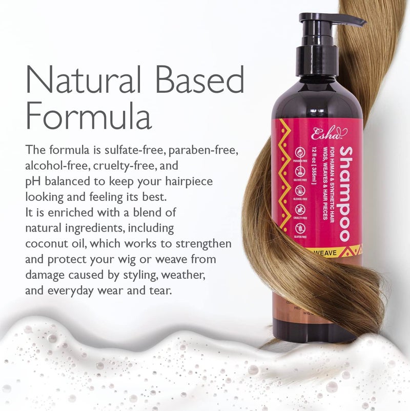 Esha Wig & Weave Revitalizing Shampoo â€“ Human Hair & Synthetic Wigs, Weaves, Extensions & Braids I Coconut Oil Infused, Sulfate-Free I Restores Moisture & Shine, 12 fl oz - Image 4