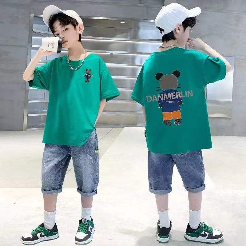 Boys'' Summer Outfit Set, Children''s Clothing for Older Kids, New Summer Denim Short-Sleeve Stylish Streetwear for Boys - Image 4