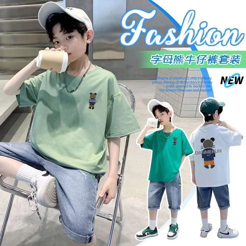 Boys'' Summer Outfit Set, Children''s Clothing for Older Kids, New Summer Denim Short-Sleeve Stylish Streetwear for Boys - Image 2