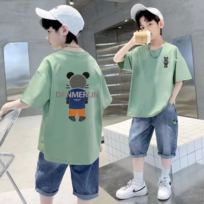 Boys'' Summer Outfit Set, Children''s Clothing for Older Kids, New Summer Denim Short-Sleeve Stylish Streetwear for Boys - Image 3