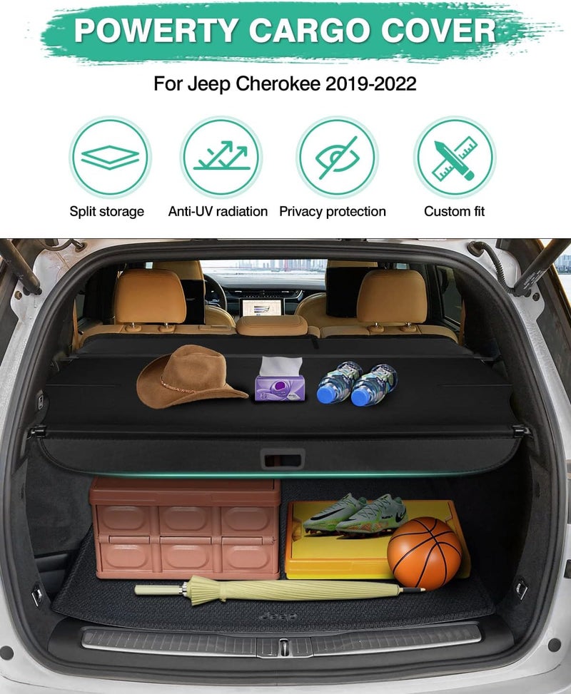 Powerty Retractable Cargo Cover for Jeep Cherokee 2019-2021 - Black Trunk Security Shade - Image 2