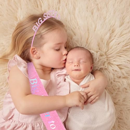 Chanaco Big Sister Gifts for Girls Pink Metal Rhinestone Crown Headband Glitter Satin Sash Big Sister to Be Accessory Set Announcement Party Decorations Cute Sibling Hairband Gift (Pink) - Image 4