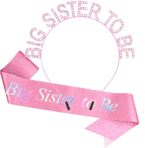 Chanaco Big Sister Gifts for Girls Pink Metal Rhinestone Crown Headband Glitter Satin Sash Big Sister to Be Accessory Set Announcement Party Decorations Cute Sibling Hairband Gift (Pink) - Image 1