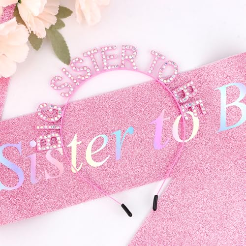 Chanaco Big Sister Gifts for Girls Pink Metal Rhinestone Crown Headband Glitter Satin Sash Big Sister to Be Accessory Set Announcement Party Decorations Cute Sibling Hairband Gift (Pink) - Image 2