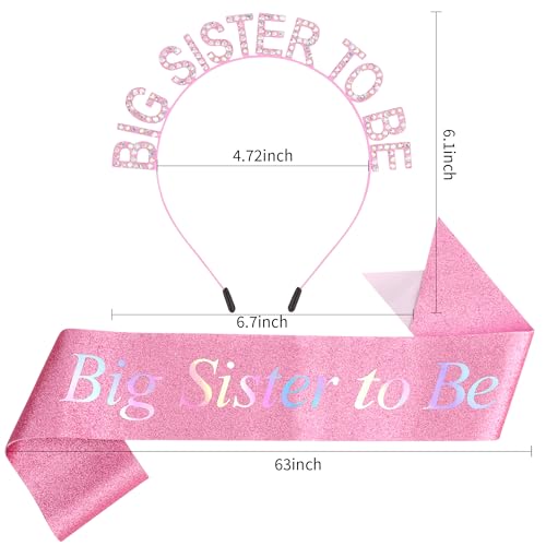 Chanaco Big Sister Gifts for Girls Pink Metal Rhinestone Crown Headband Glitter Satin Sash Big Sister to Be Accessory Set Announcement Party Decorations Cute Sibling Hairband Gift (Pink) - Image 5