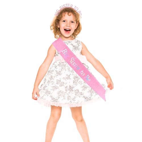 Chanaco Big Sister Gifts for Girls Pink Metal Rhinestone Crown Headband Glitter Satin Sash Big Sister to Be Accessory Set Announcement Party Decorations Cute Sibling Hairband Gift (Pink) - Image 3