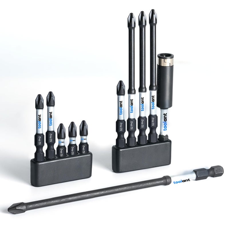 toolant Anti Slip Phillips Screwdriver Bits, #2 Magnetic Non Slip Impact Screwdriver Bits with CNC Machined Tips,11pcs Insert S2 Steel PH2 Driver Dit Set with Magnetic Bit Holder for Power Drill - Image 1