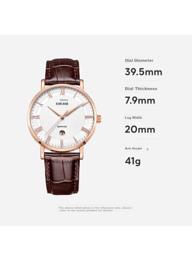 Ebohr Master Series Simple White Dial Leather Strap Quartz Men'S Watch 36000234 For Boyfriend - Image 2