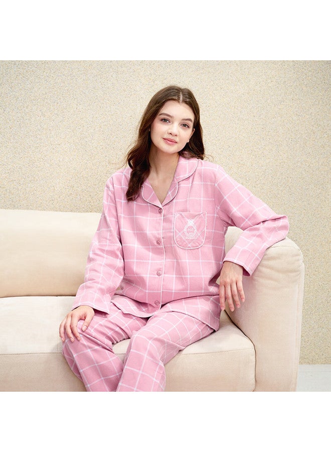 MEIBIAO American Standard Spring And Autumn 100% Cotton Woven Brushed Plaid Cardigan Long Sleeve Women's Pure Cotton Homewear Pink Purple M - Image 1