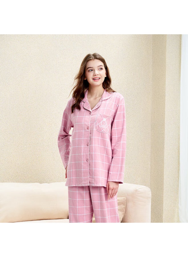 MEIBIAO American Standard Spring And Autumn 100% Cotton Woven Brushed Plaid Cardigan Long Sleeve Women's Pure Cotton Homewear Pink Purple M - Image 2