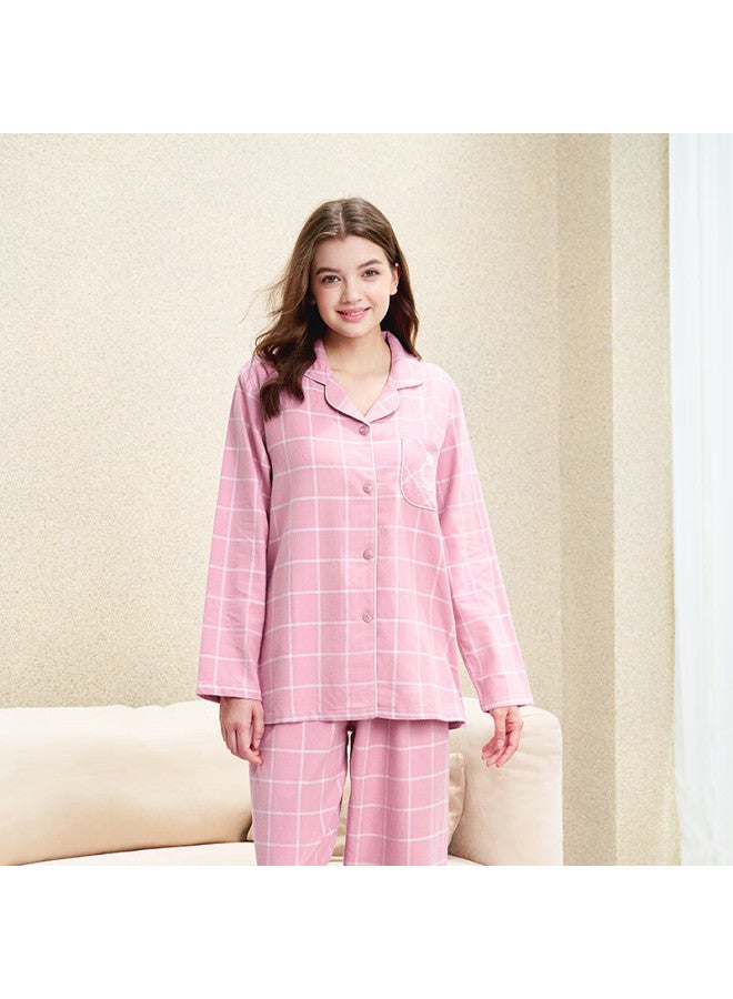 MEIBIAO American Standard Spring And Autumn 100% Cotton Woven Brushed Plaid Cardigan Long Sleeve Women's Pure Cotton Homewear Pink Purple M - Image 3
