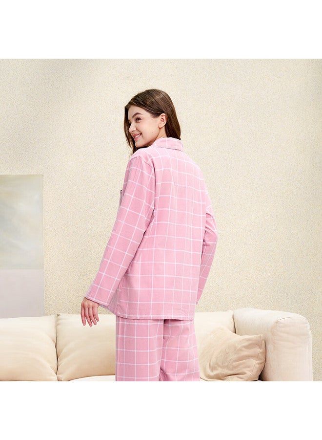 MEIBIAO American Standard Spring And Autumn 100% Cotton Woven Brushed Plaid Cardigan Long Sleeve Women's Pure Cotton Homewear Pink Purple M - Image 5