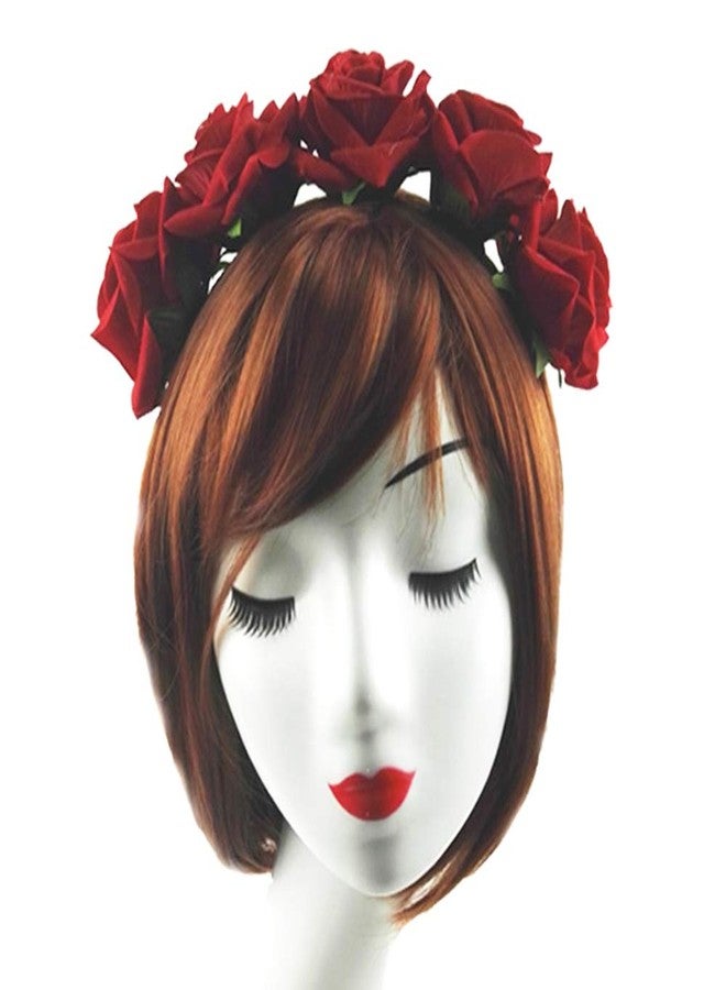 WLBON Rose Headband Flower Wreath Crown Hair Bands Big Floral Garland Christmas Hair Hoop Women Girls Hairband Party Decoration Headdress Cosplay Costume Headwear Handmade Headpiece Hair Accessories Red - Image 2