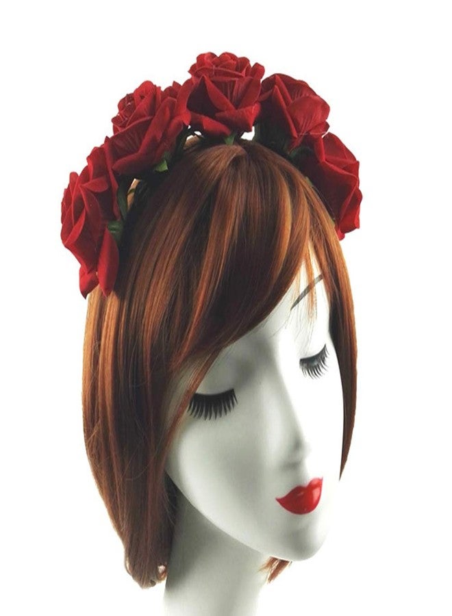 WLBON Rose Headband Flower Wreath Crown Hair Bands Big Floral Garland Christmas Hair Hoop Women Girls Hairband Party Decoration Headdress Cosplay Costume Headwear Handmade Headpiece Hair Accessories Red - Image 4