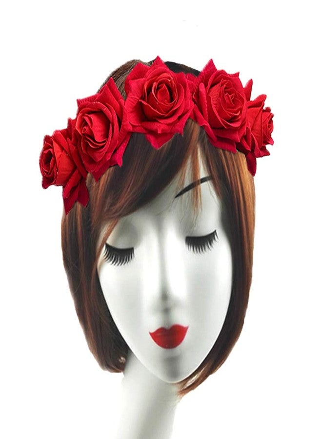 WLBON Rose Headband Flower Wreath Crown Hair Bands Big Floral Garland Christmas Hair Hoop Women Girls Hairband Party Decoration Headdress Cosplay Costume Headwear Handmade Headpiece Hair Accessories Red - Image 5