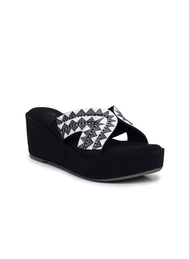 She Zone صنادل شزون السوداء ذات الكعب العالي للنساء - Image 2