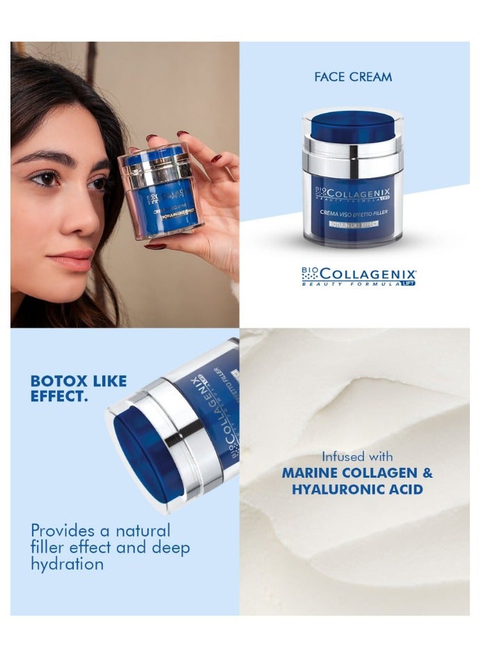اي اس آي كريم حشو الوجه المضاد للشيخوخة من بيوكولاجينيكس مع حقيبة مستحضرات تجميل للسفر - تأثير يشبه البوتولينوم مع الأرجيرلاين والكولاجين البحري وحمض الهيالورونيك، 50 مل - يقلل التجاعيد، ويشد البشرة، ويرطبها، ويمنحها إشراقة. - Image 2