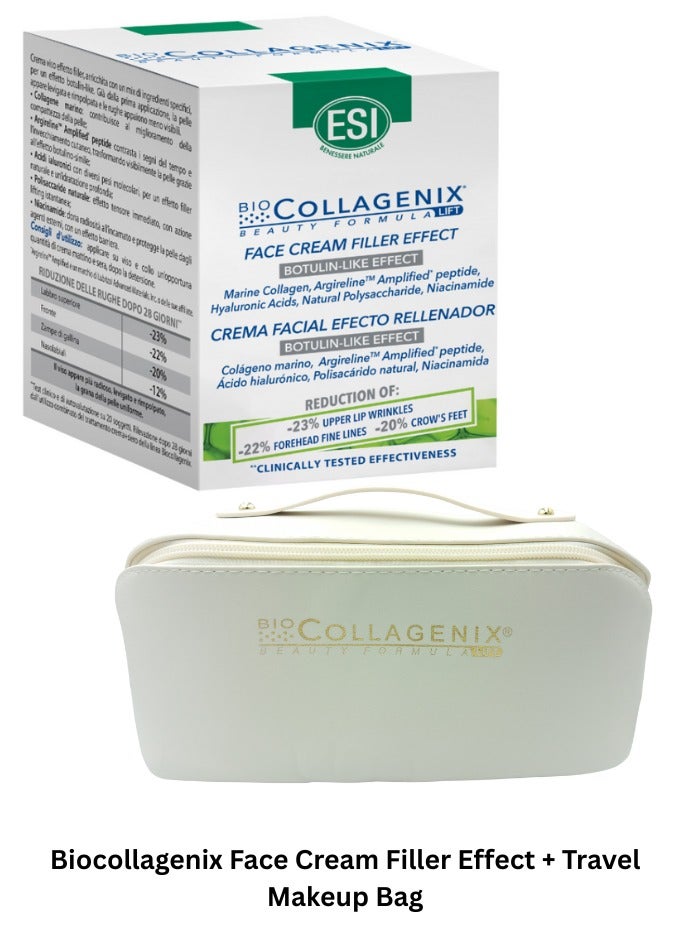 اي اس آي كريم حشو الوجه المضاد للشيخوخة من بيوكولاجينيكس مع حقيبة مستحضرات تجميل للسفر - تأثير يشبه البوتولينوم مع الأرجيرلاين والكولاجين البحري وحمض الهيالورونيك، 50 مل - يقلل التجاعيد، ويشد البشرة، ويرطبها، ويمنحها إشراقة. - Image 1