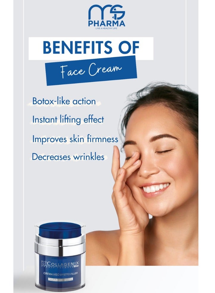 اي اس آي كريم حشو الوجه المضاد للشيخوخة من بيوكولاجينيكس مع حقيبة مستحضرات تجميل للسفر - تأثير يشبه البوتولينوم مع الأرجيرلاين والكولاجين البحري وحمض الهيالورونيك، 50 مل - يقلل التجاعيد، ويشد البشرة، ويرطبها، ويمنحها إشراقة. - Image 4